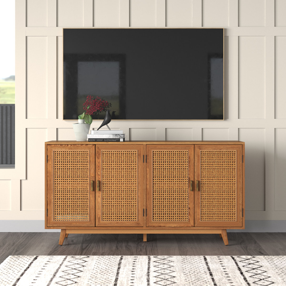 Kelly Clarkson Home Emily 56.8''Rattan Cane TV Stand with Solid Legs(02)